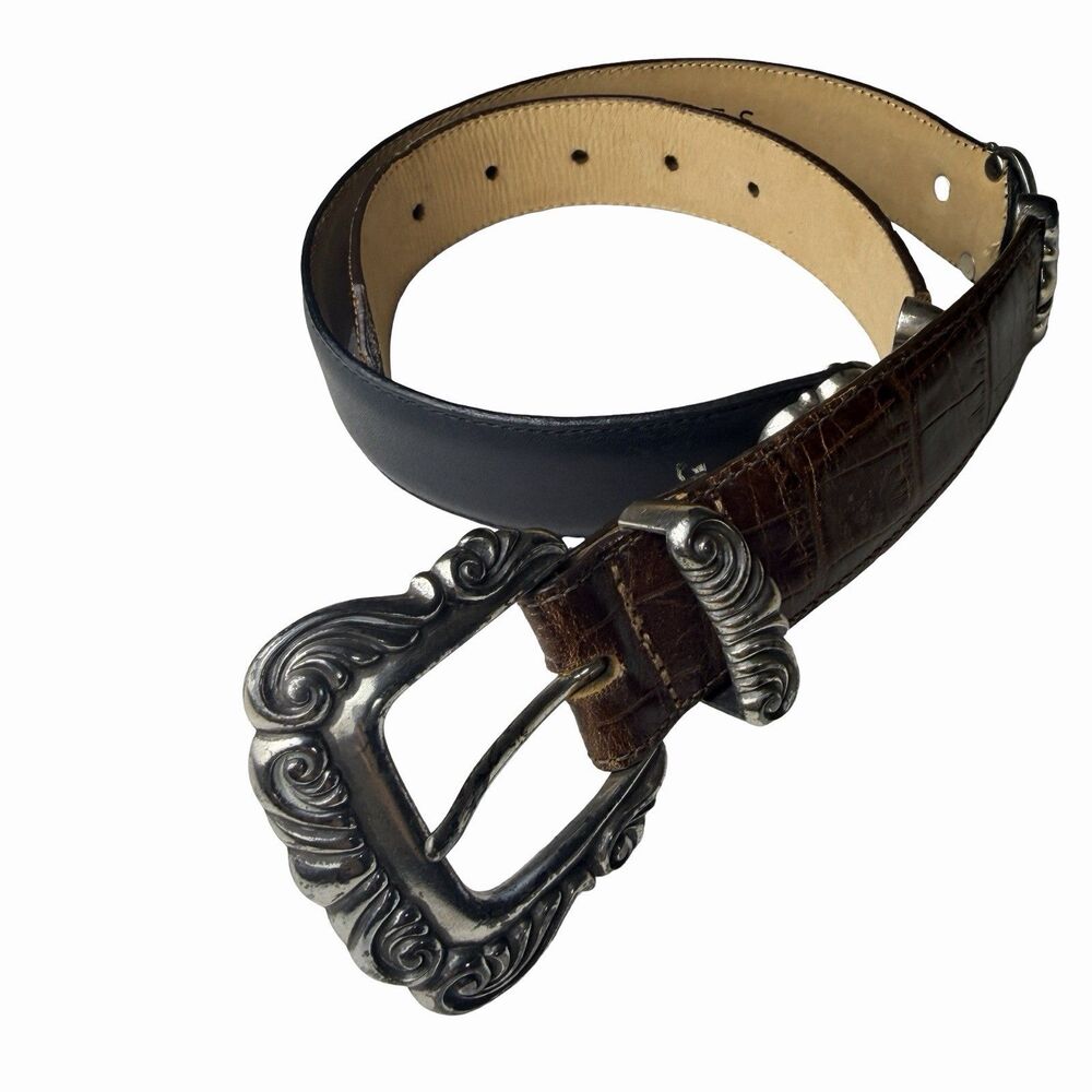 Brighton Belt Womens Small Vintage 1990s Brown and Black Silver Embossed 27"